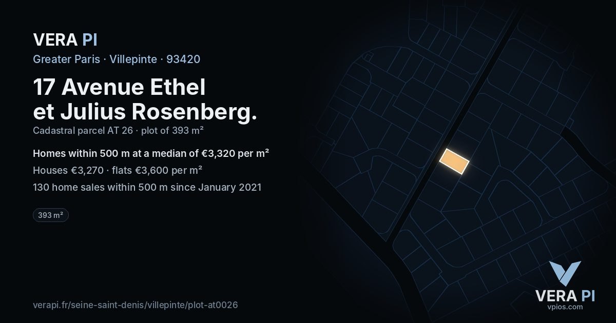 17 Avenue Ethel et Julius Rosenberg, Villepinte at night – the plot lit, the parcels around coloured by the prices near them