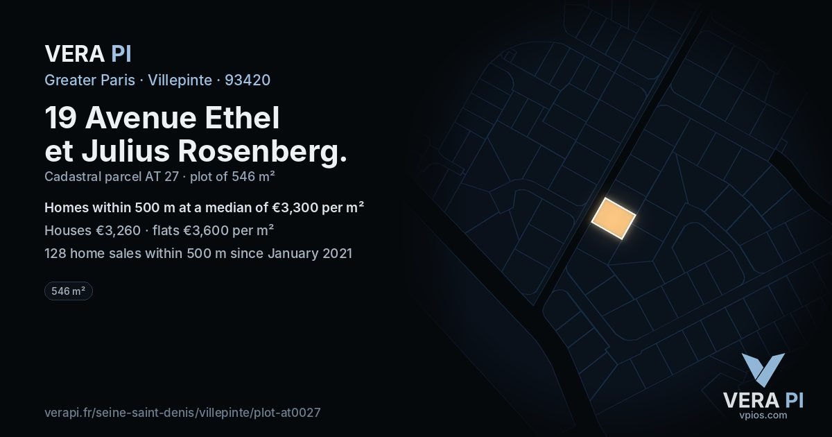 19 Avenue Ethel et Julius Rosenberg, Villepinte at night – the plot lit, the parcels around coloured by the prices near them