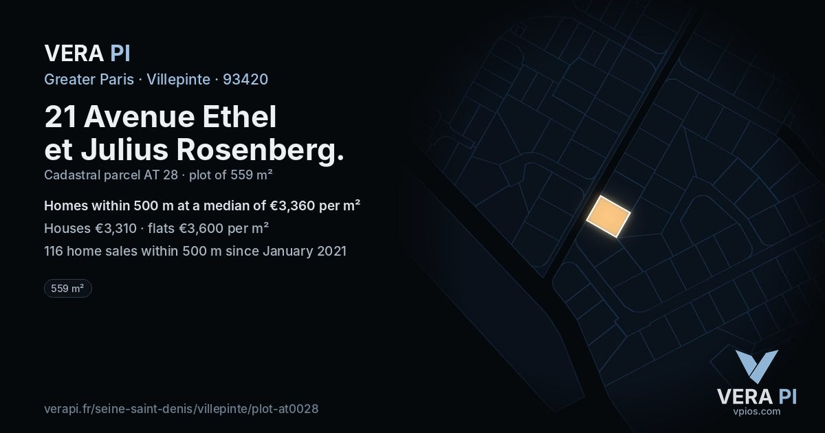 21 Avenue Ethel et Julius Rosenberg, Villepinte at night – the plot lit, the parcels around coloured by the prices near them