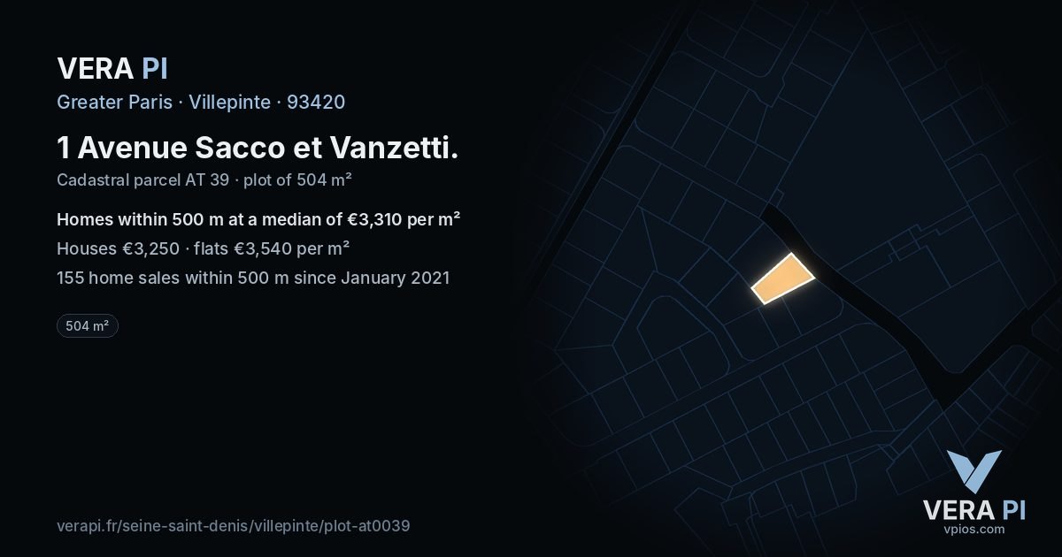 1 Avenue Sacco et Vanzetti, Villepinte at night – the plot lit, the parcels around coloured by the prices near them