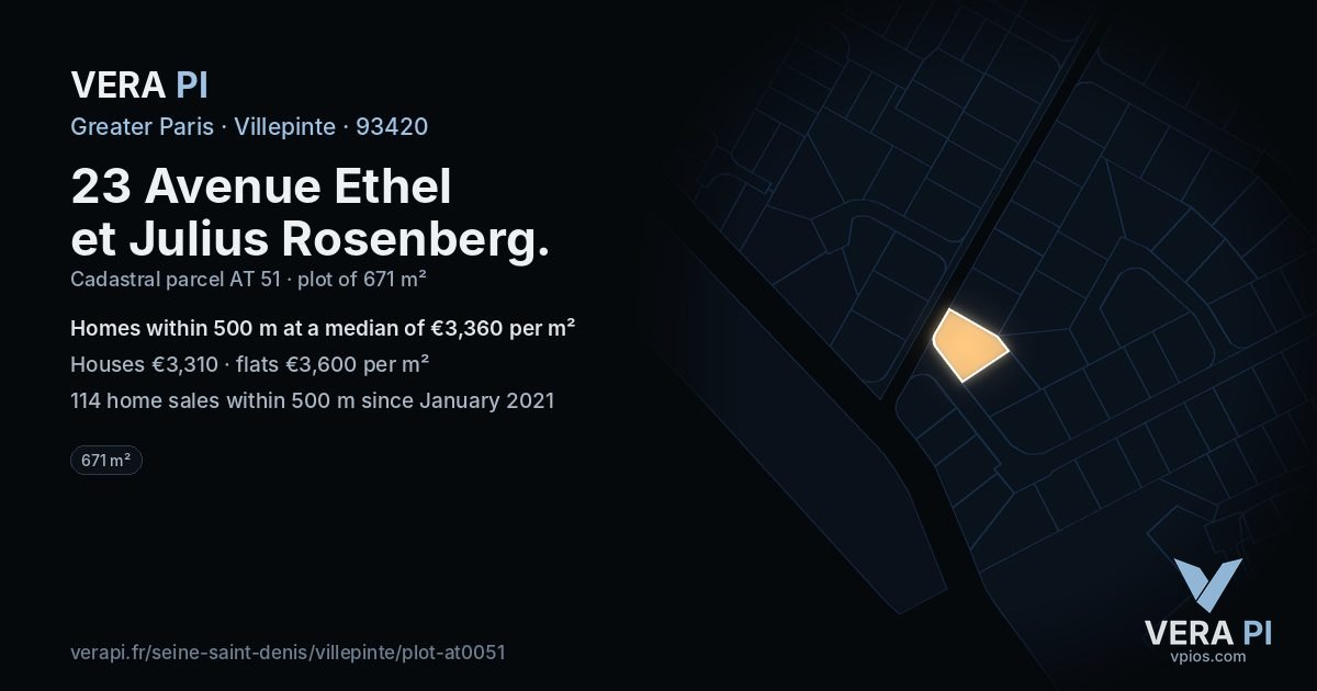 23 Avenue Ethel et Julius Rosenberg, Villepinte at night – the plot lit, the parcels around coloured by the prices near them