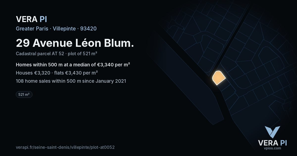 29 Avenue Léon Blum, Villepinte at night – the plot lit, the parcels around coloured by the prices near them