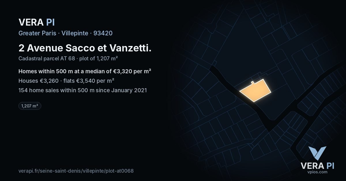 2 Avenue Sacco et Vanzetti, Villepinte at night – the plot lit, the parcels around coloured by the prices near them