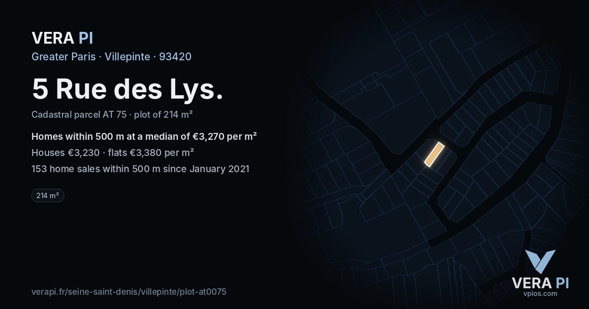 5 Rue des Lys, Villepinte at night – the plot lit, the parcels around coloured by the prices near them