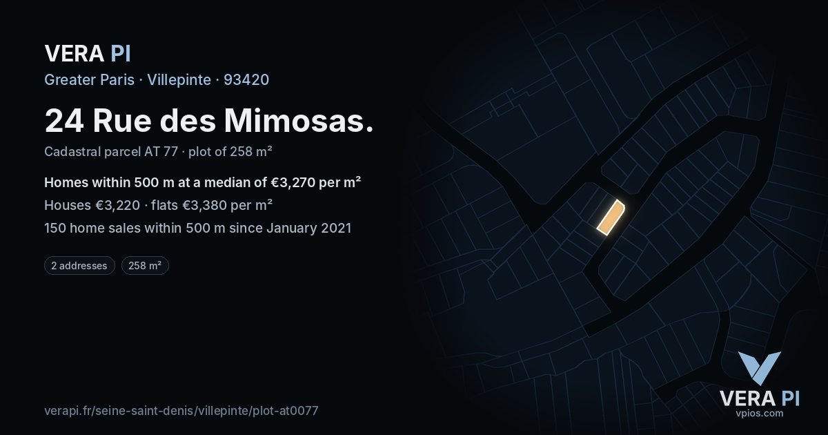 24 Rue des Mimosas, Villepinte at night – the plot lit, the parcels around coloured by the prices near them
