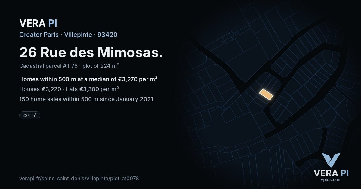 26 Rue des Mimosas, Villepinte at night – the plot lit, the parcels around coloured by the prices near them