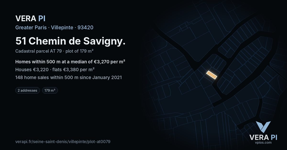 51 Chemin de Savigny, Villepinte at night – the plot lit, the parcels around coloured by the prices near them