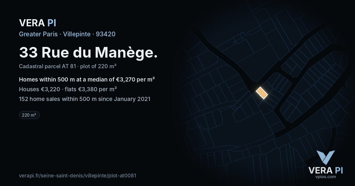 33 Rue du Manège, Villepinte at night – the plot lit, the parcels around coloured by the prices near them