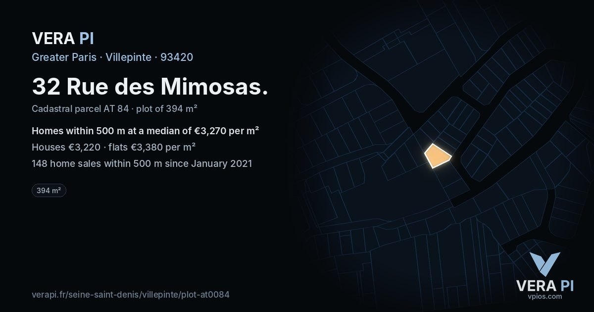 32 Rue des Mimosas, Villepinte at night – the plot lit, the parcels around coloured by the prices near them