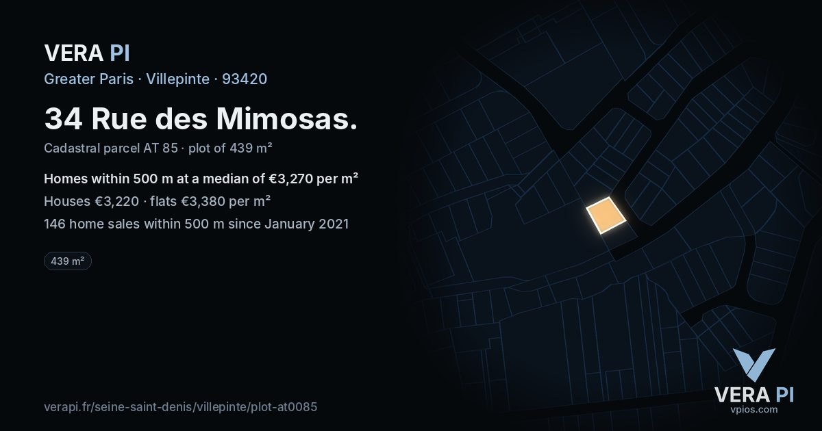 34 Rue des Mimosas, Villepinte at night – the plot lit, the parcels around coloured by the prices near them