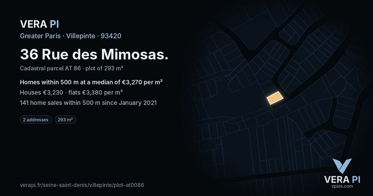 36 Rue des Mimosas, Villepinte at night – the plot lit, the parcels around coloured by the prices near them