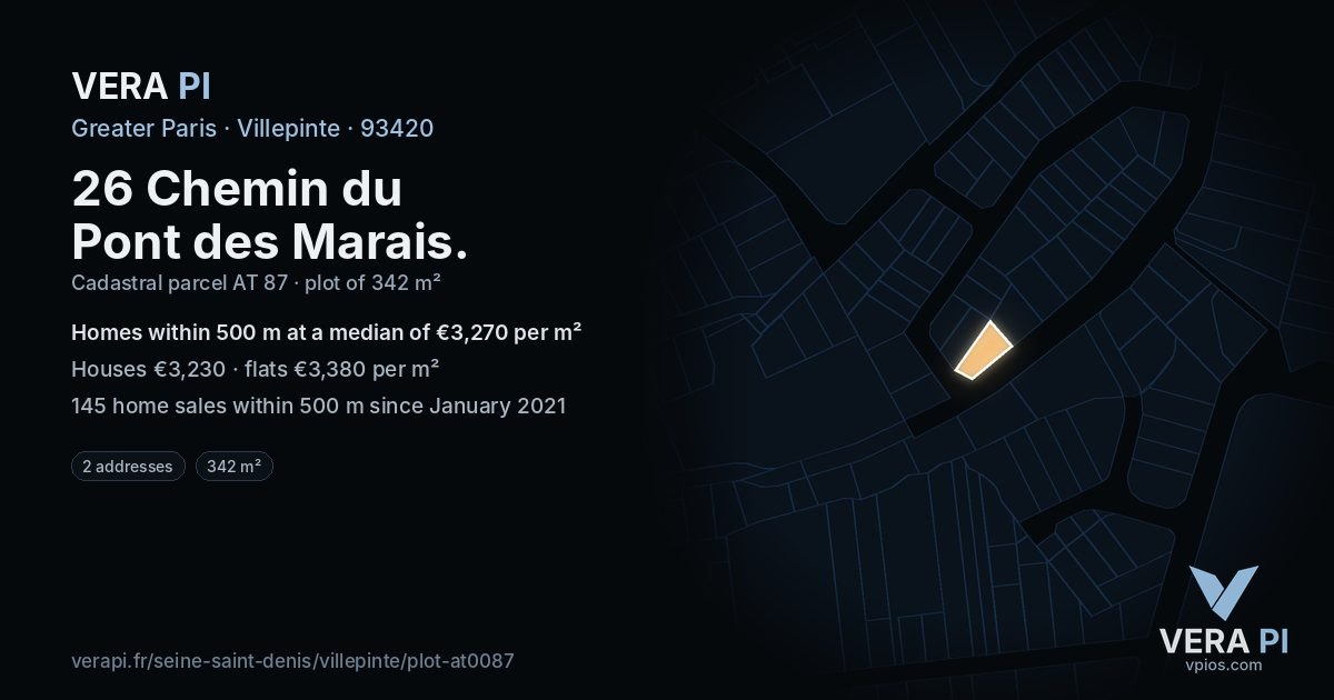 26 Chemin du Pont des Marais, Villepinte at night – the plot lit, the parcels around coloured by the prices near them