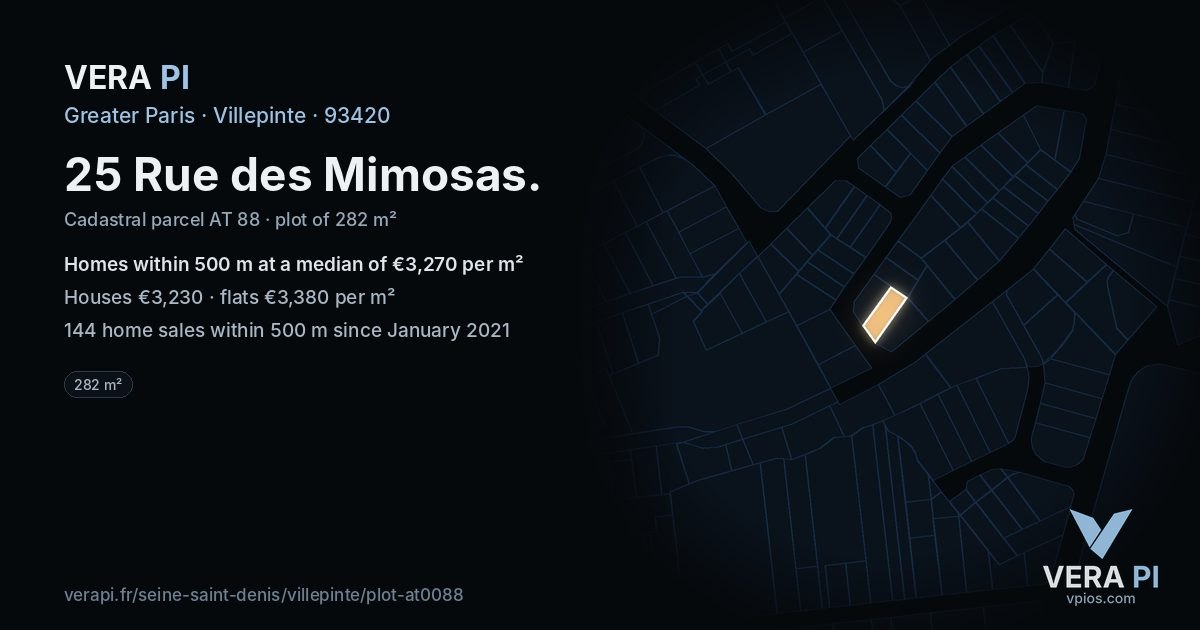 25 Rue des Mimosas, Villepinte at night – the plot lit, the parcels around coloured by the prices near them