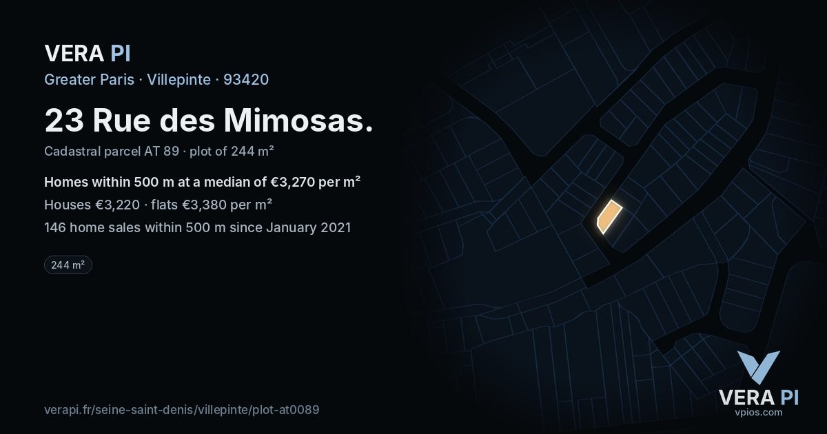 23 Rue des Mimosas, Villepinte at night – the plot lit, the parcels around coloured by the prices near them