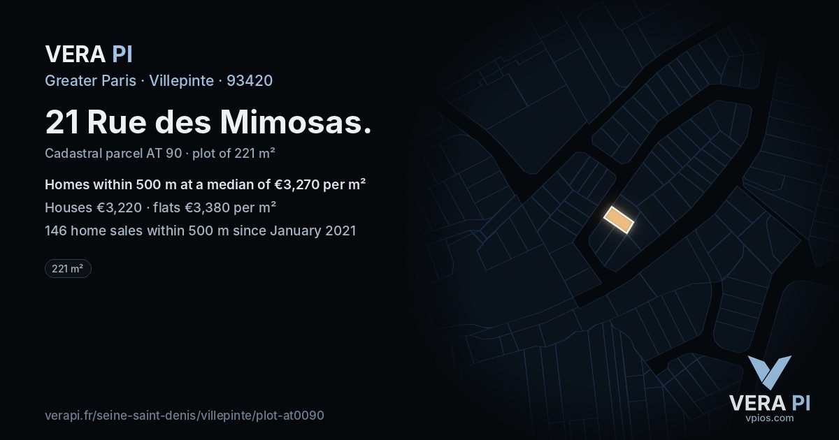 21 Rue des Mimosas, Villepinte at night – the plot lit, the parcels around coloured by the prices near them