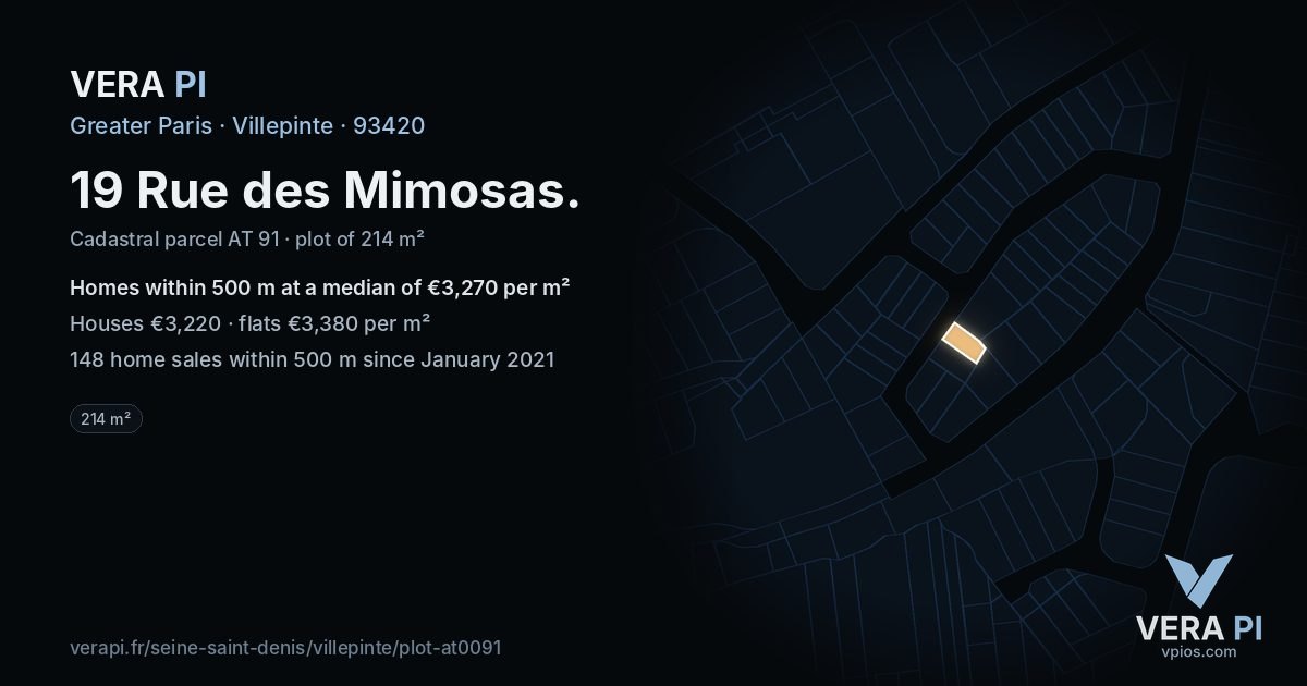 19 Rue des Mimosas, Villepinte at night – the plot lit, the parcels around coloured by the prices near them
