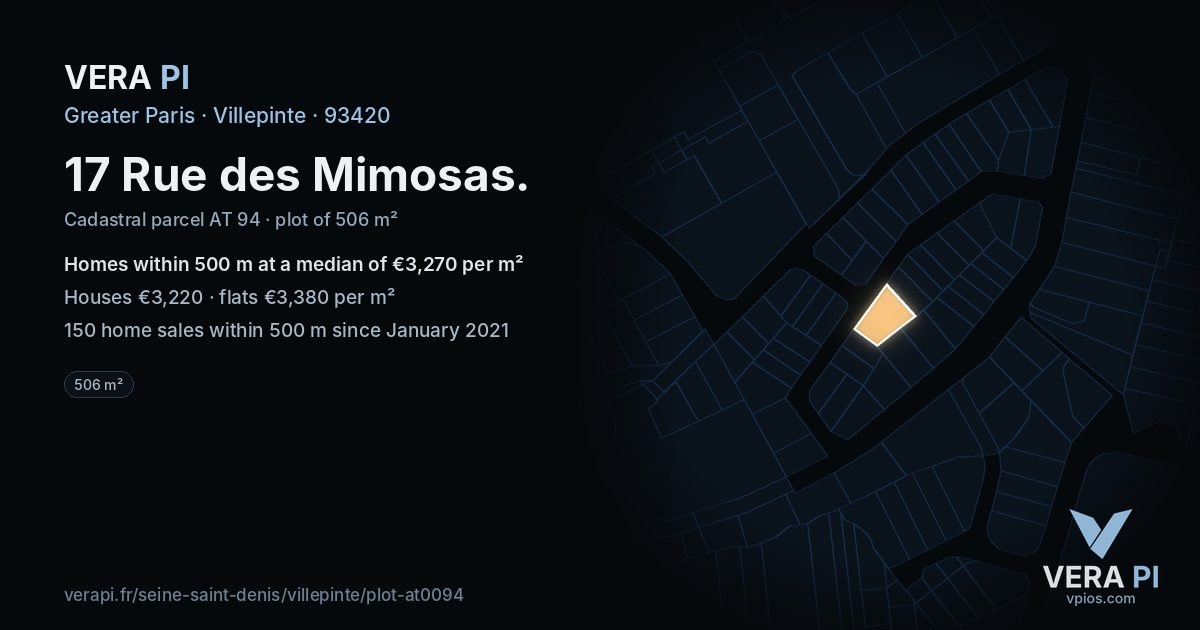 17 Rue des Mimosas, Villepinte at night – the plot lit, the parcels around coloured by the prices near them