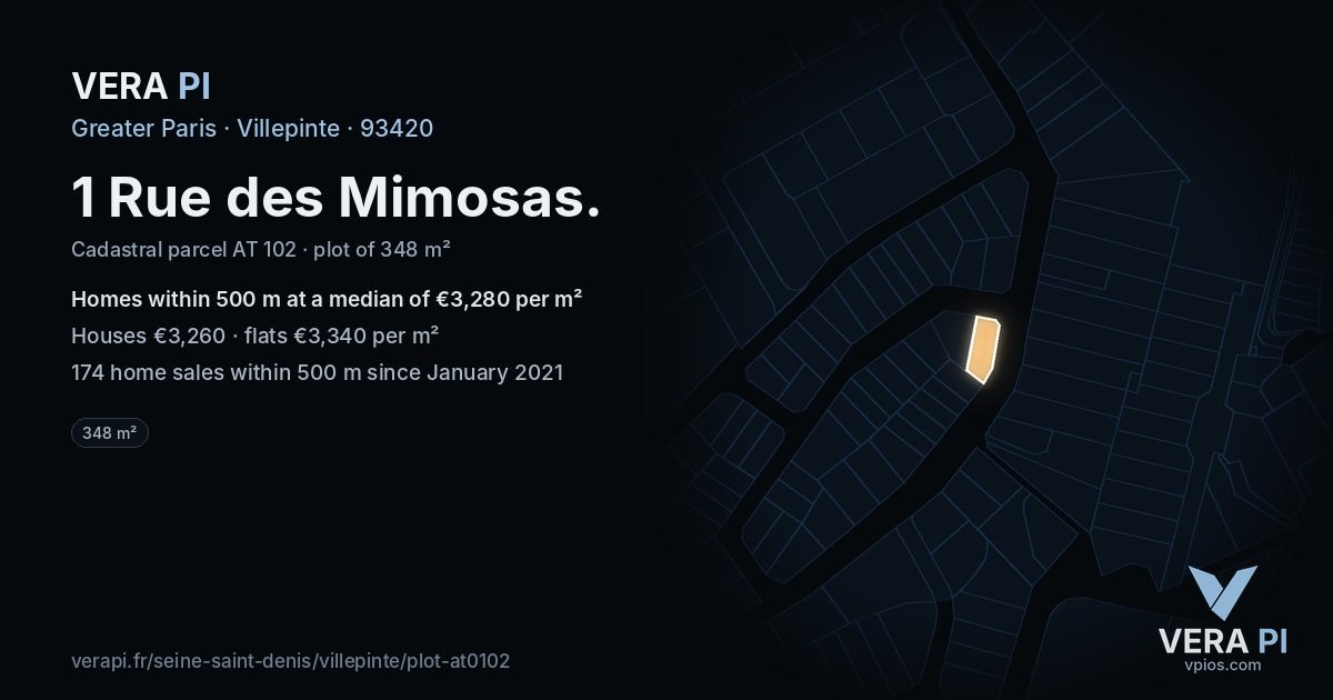 1 Rue des Mimosas, Villepinte at night – the plot lit, the parcels around coloured by the prices near them