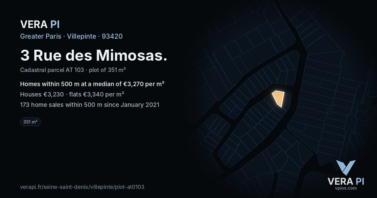 3 Rue des Mimosas, Villepinte at night – the plot lit, the parcels around coloured by the prices near them