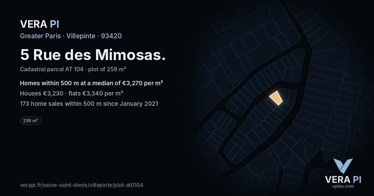 5 Rue des Mimosas, Villepinte at night – the plot lit, the parcels around coloured by the prices near them