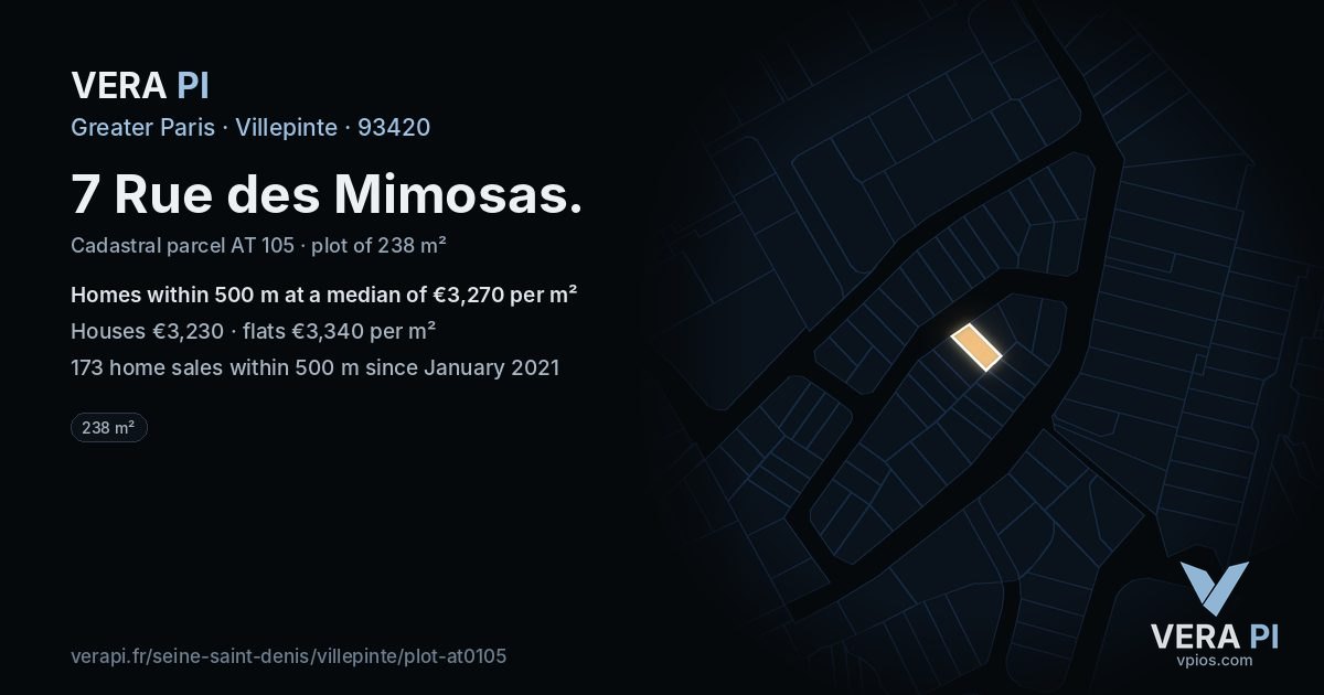 7 Rue des Mimosas, Villepinte at night – the plot lit, the parcels around coloured by the prices near them
