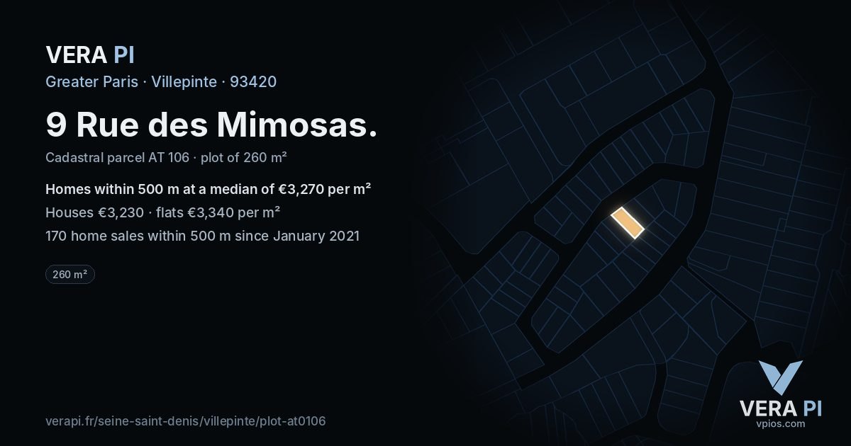 9 Rue des Mimosas, Villepinte at night – the plot lit, the parcels around coloured by the prices near them