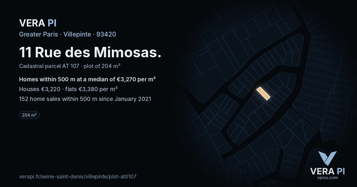 11 Rue des Mimosas, Villepinte at night – the plot lit, the parcels around coloured by the prices near them