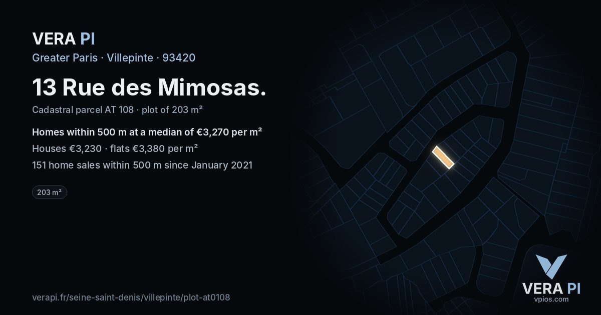 13 Rue des Mimosas, Villepinte at night – the plot lit, the parcels around coloured by the prices near them