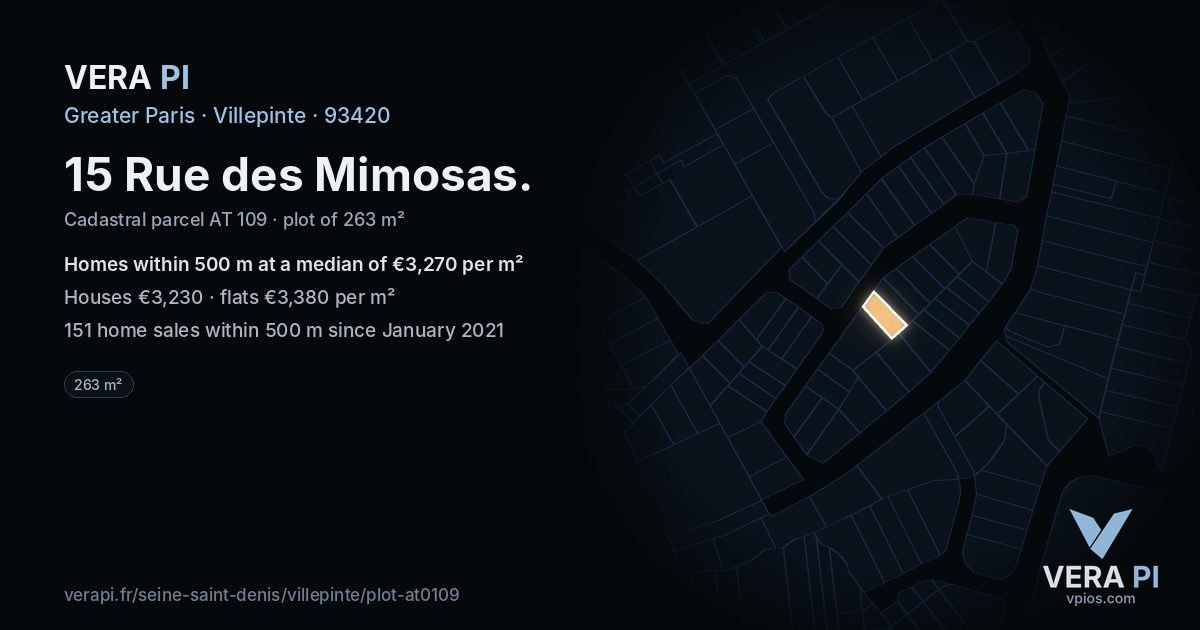 15 Rue des Mimosas, Villepinte at night – the plot lit, the parcels around coloured by the prices near them