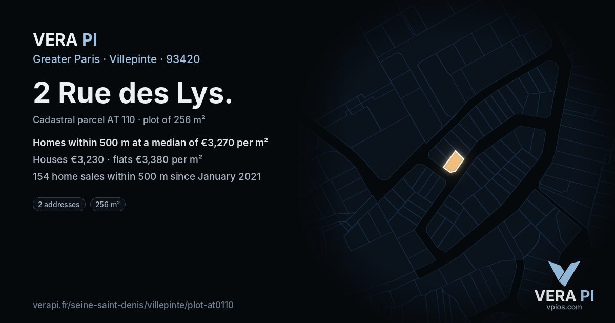 2 Rue des Lys, Villepinte at night – the plot lit, the parcels around coloured by the prices near them