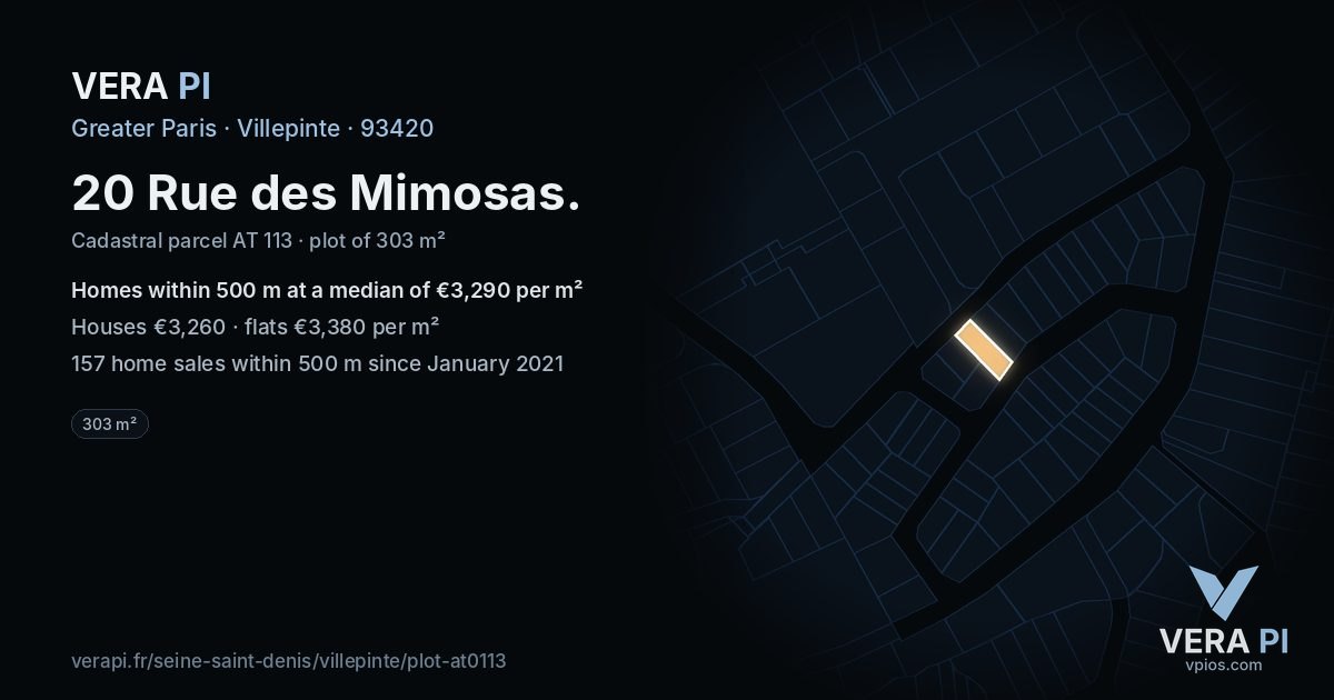 20 Rue des Mimosas, Villepinte at night – the plot lit, the parcels around coloured by the prices near them