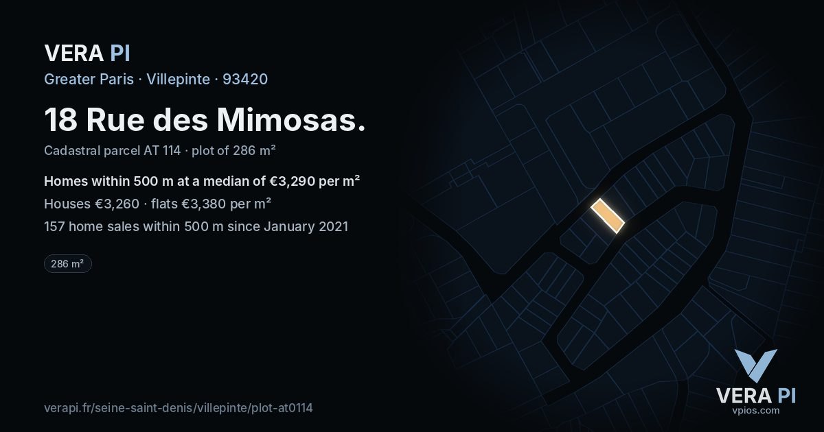 18 Rue des Mimosas, Villepinte at night – the plot lit, the parcels around coloured by the prices near them