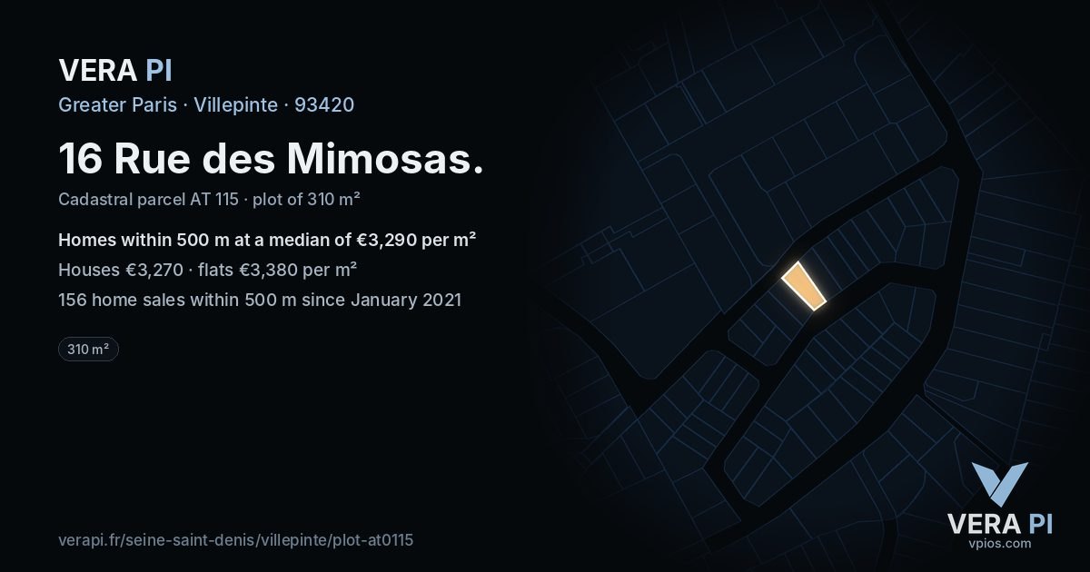 16 Rue des Mimosas, Villepinte at night – the plot lit, the parcels around coloured by the prices near them