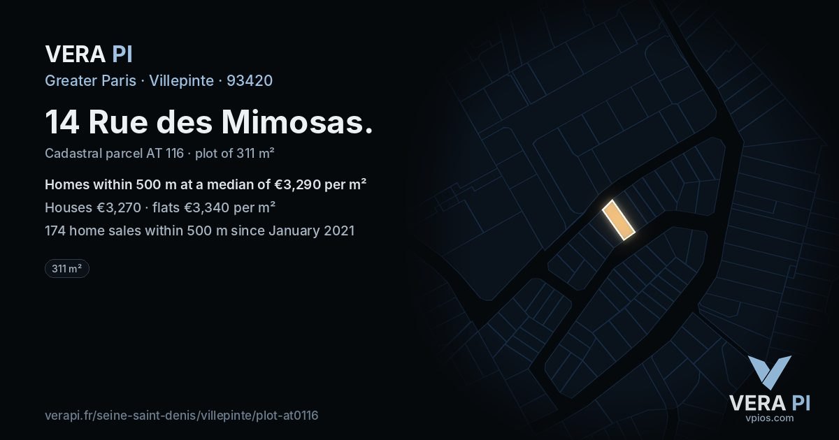 14 Rue des Mimosas, Villepinte at night – the plot lit, the parcels around coloured by the prices near them