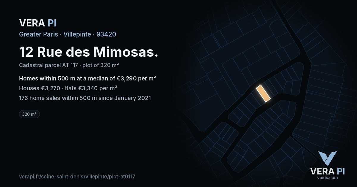 12 Rue des Mimosas, Villepinte at night – the plot lit, the parcels around coloured by the prices near them