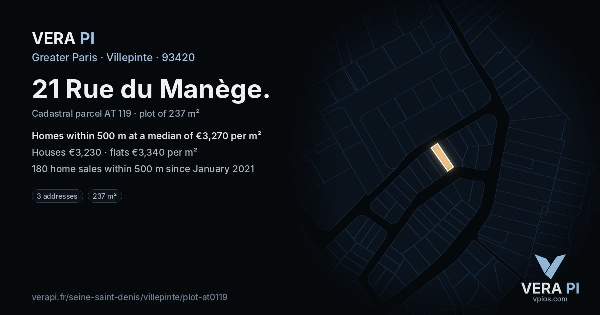 21 Rue du Manège, Villepinte at night – the plot lit, the parcels around coloured by the prices near them