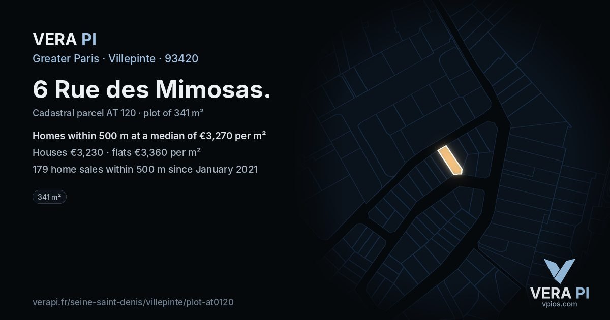 6 Rue des Mimosas, Villepinte at night – the plot lit, the parcels around coloured by the prices near them
