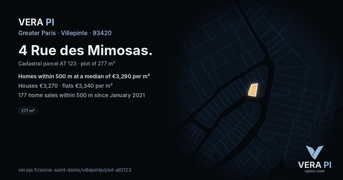 4 Rue des Mimosas, Villepinte at night – the plot lit, the parcels around coloured by the prices near them