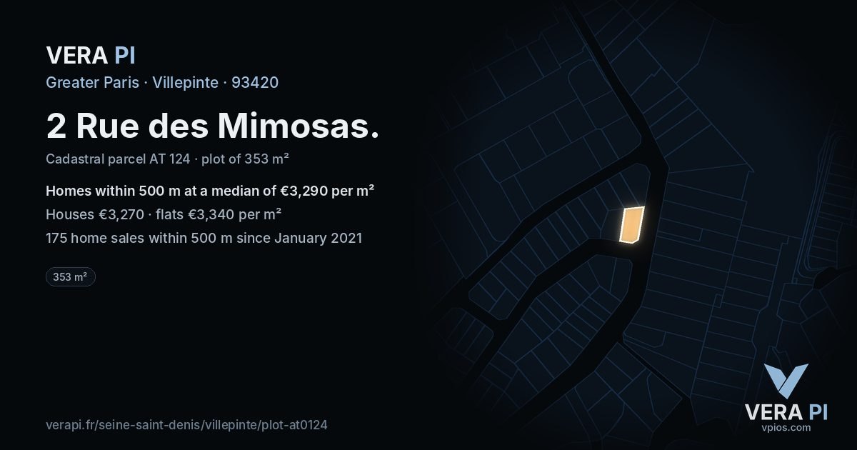 2 Rue des Mimosas, Villepinte at night – the plot lit, the parcels around coloured by the prices near them