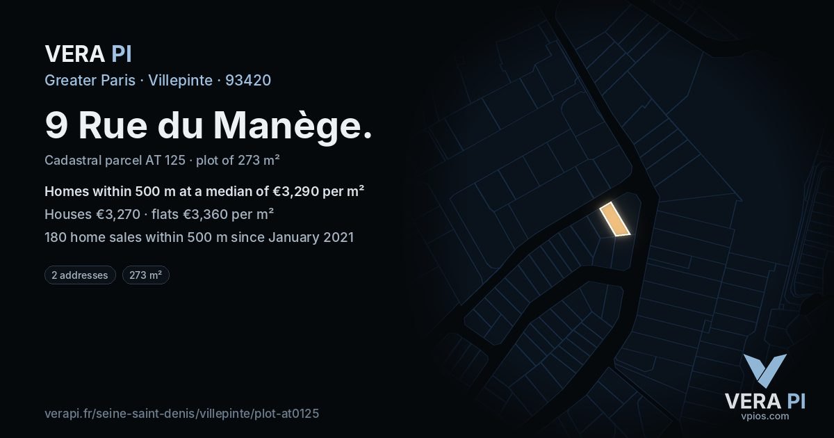 9 Rue du Manège, Villepinte at night – the plot lit, the parcels around coloured by the prices near them