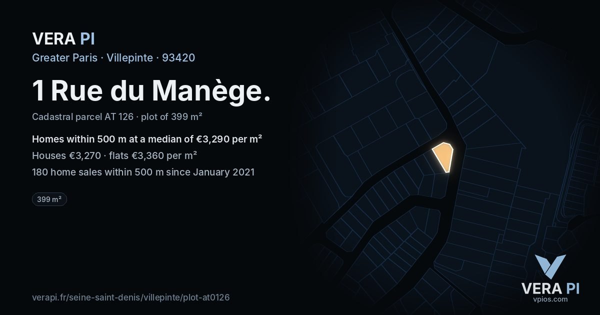 1 Rue du Manège, Villepinte at night – the plot lit, the parcels around coloured by the prices near them