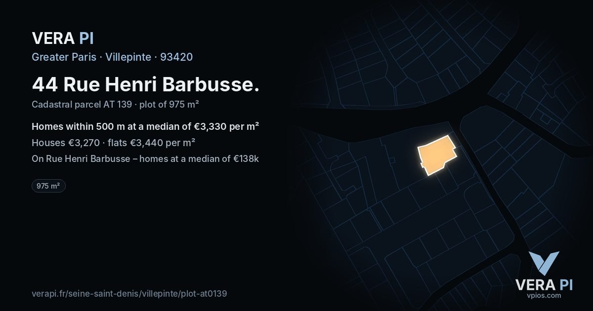 44 Rue Henri Barbusse, Villepinte at night – the plot lit, the parcels around coloured by the prices near them