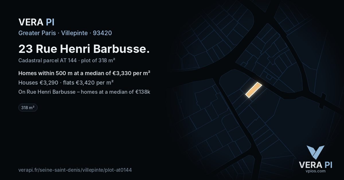 23 Rue Henri Barbusse, Villepinte at night – the plot lit, the parcels around coloured by the prices near them