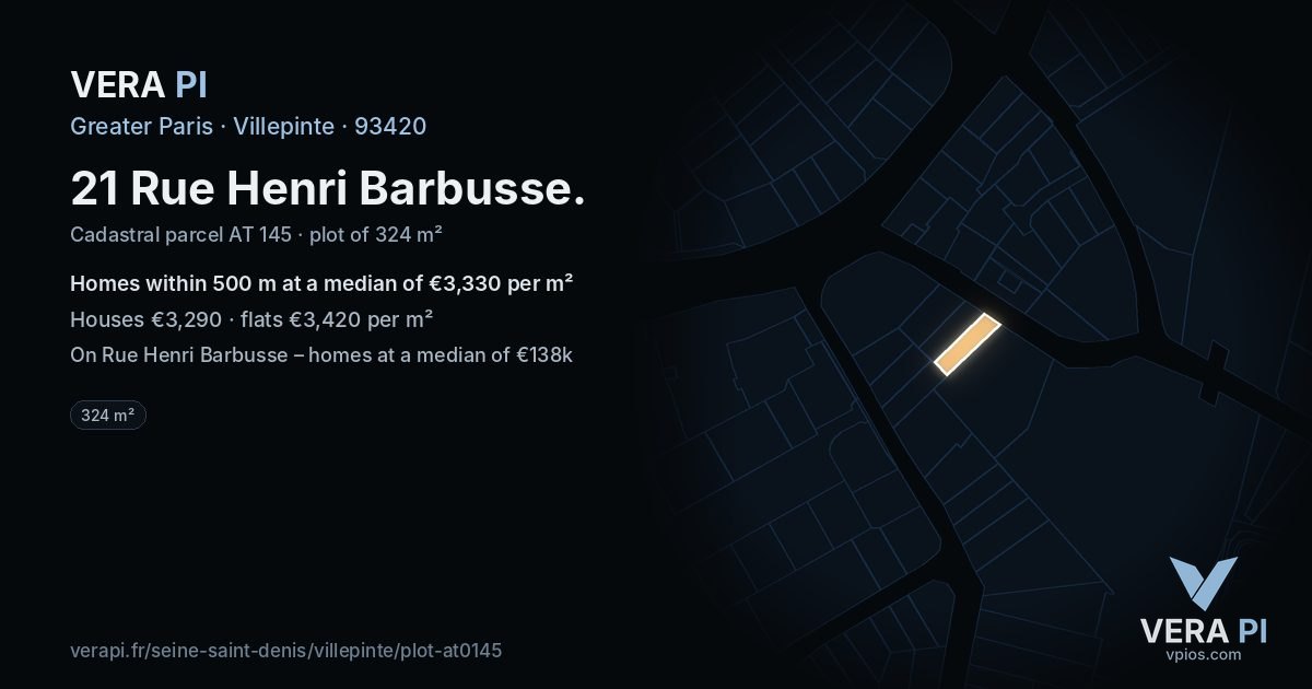 21 Rue Henri Barbusse, Villepinte at night – the plot lit, the parcels around coloured by the prices near them