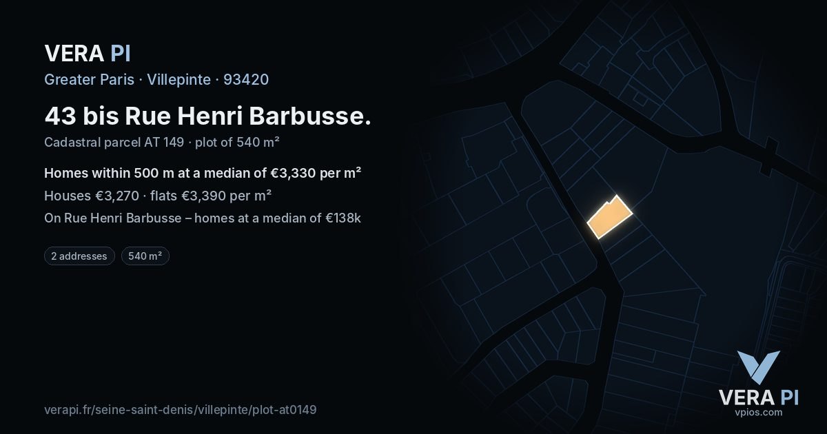 43 bis Rue Henri Barbusse, Villepinte at night – the plot lit, the parcels around coloured by the prices near them