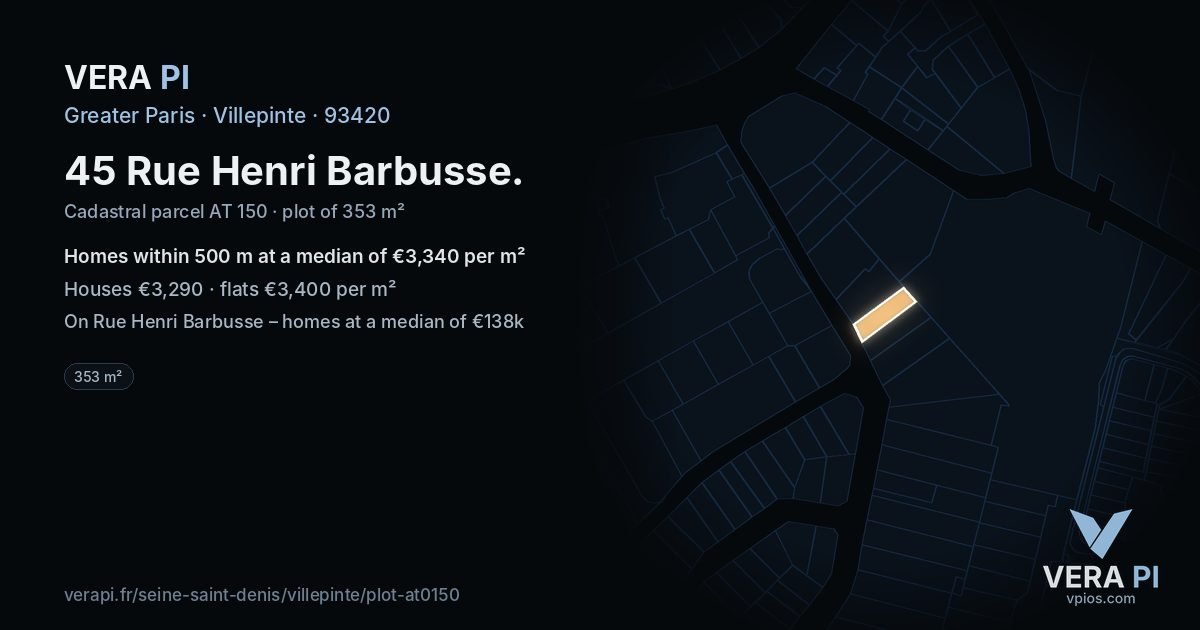 45 Rue Henri Barbusse, Villepinte at night – the plot lit, the parcels around coloured by the prices near them