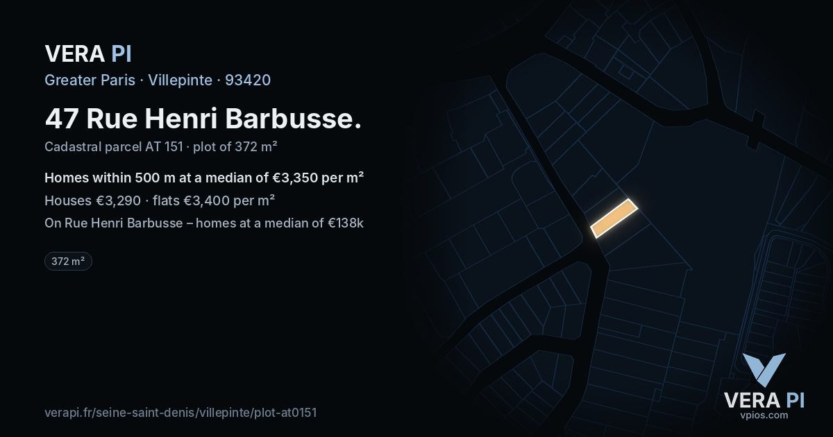 47 Rue Henri Barbusse, Villepinte at night – the plot lit, the parcels around coloured by the prices near them