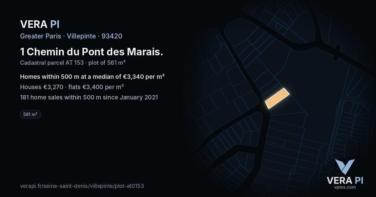 1 Chemin du Pont des Marais, Villepinte at night – the plot lit, the parcels around coloured by the prices near them