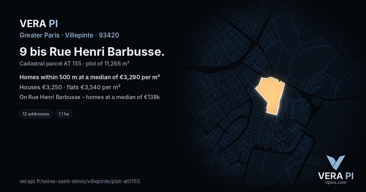 9 bis Rue Henri Barbusse, Villepinte at night – the plot lit, the parcels around coloured by the prices near them