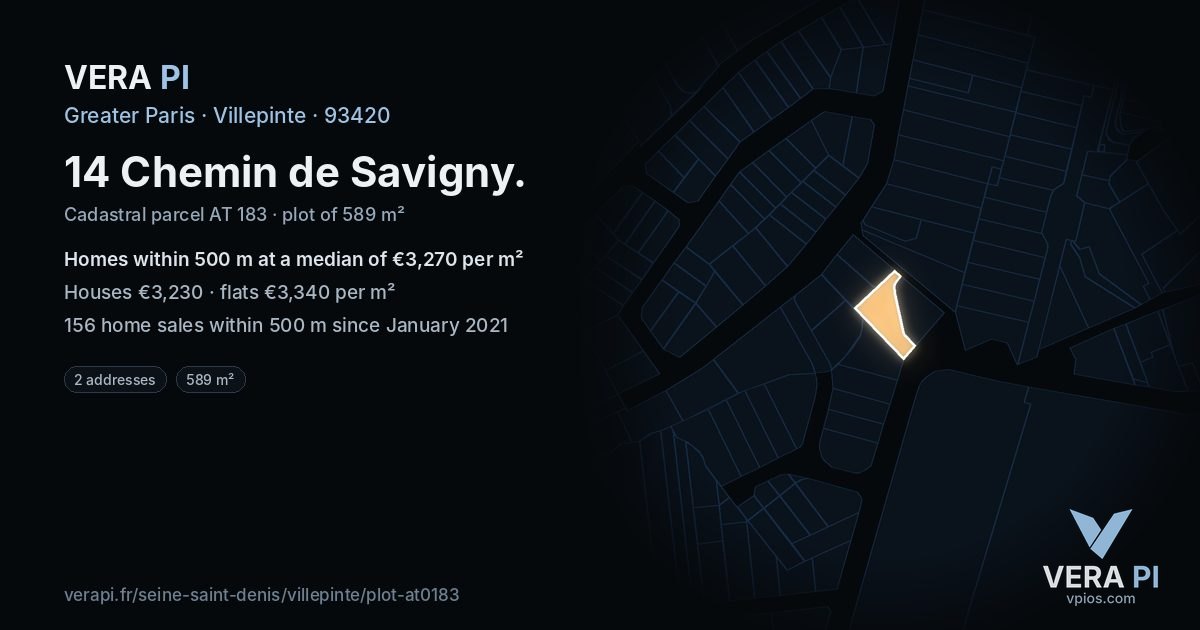 14 Chemin de Savigny, Villepinte at night – the plot lit, the parcels around coloured by the prices near them